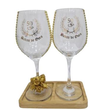 Imagem de Kit 2 Taças Bandeja Bodas Ouro 50 Anos Rosas Luxo + Presente