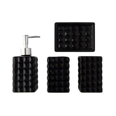 Imagem de Conjunto de Banheiro Moderno, 4 Peças em Cerâmica e Plástico, Acessórios para Banheiro com Design 3D Texturizado, Preto e Branco (Preto)