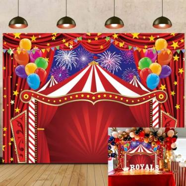 Imagem de Pano de fundo de circo vermelho com tema de carnaval, cenário fotográfico, parque de diversões, fogos de artifício, balão banner para chá de bebê recém-nascido, decoração de festa de aniversário