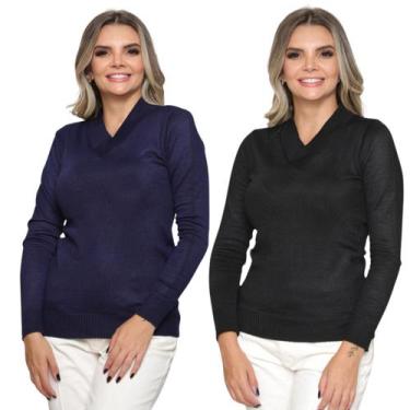 Imagem de Kit 2 Blusa Tricot Gola V Inverno Moda Casual - SP/CXX, Marinho, Preto