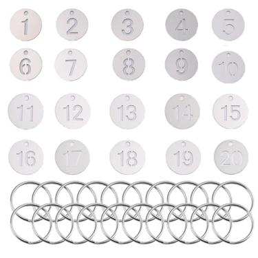 Imagem de Etiquetas numéricas de aço inoxidável com chaveiros, 1 a 20 etiquetas de identificação de chaves numeradas de metal para chaves de dormitório, armários de casa, escritório, academia, organização de