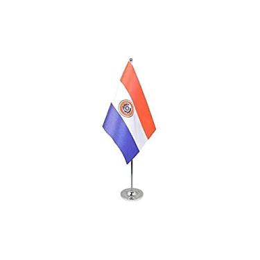 Imagem de Bandeira de mesa de prestígio do Paraguai 15 cm x 9 cm cetim - Bandeira de mesa paraguaia 22 x 15 cm - Poste e base de aço - AZ FLAG