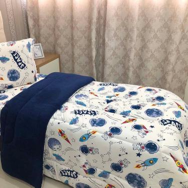 Imagem de Edredom Fantasy Solteiro 01 Peça Infantil Tecido Malha 100% Algodão Macio Dupla Face - Astronauta Azul