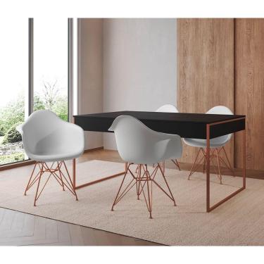 Imagem de Mesa Jantar Industrial Preta 137X90Cm Com 4 Poltronas Brancas Base Cobre Cor: Preto