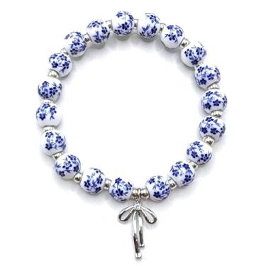 Imagem de Pulseira feminina vintage com contas – Design de laço floral elástico feito à mão, joia delicada, presente para ela, pulseiras românticas ajustáveis para uso diário, Small, Liga de cerâmica, Sem Pedra