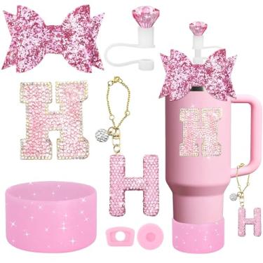 Imagem de YesMvpMvp Conjunto de acessórios de copo Stanley de 7 peças, pingente de letra para copos Stanley, incluindo canudo de diamante, canudo de laço, bota de silicone brilhante para Owala 850 g e 1,134 g