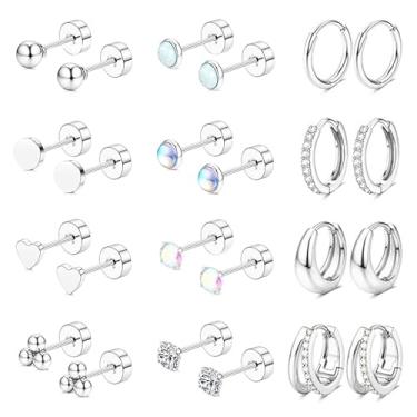 Imagem de Bolinteri Brincos femininos hipoalergênicos de aço cirúrgico de aço cirúrgico para orelhas sensíveis, 20 g de aço inoxidável, conjunto de brincos pequenos de cartilagem e argola plana para várias