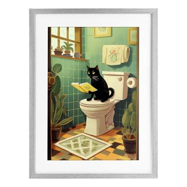 Imagem de Stupell Industries Impressão emoldurada cinza Cat Reading On Toilet Under Glass, design por Andreas Magnusson, 23 x 17