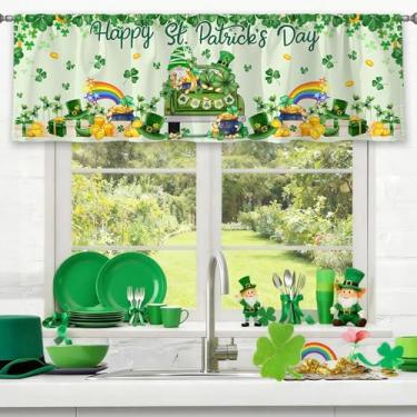 Imagem de Hexagram Cortina de sanefa do dia de São Patrício para cozinha, decorações de São Patrício, decoração irlandesa, gnomo, caminhão, trevo verde, decoração irlandesa, cortina de duende para sala de estar