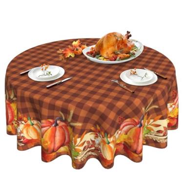 Imagem de Ximjoju Toalha de mesa redonda de outono 152 cm, colheita de outono, abóbora, búfalo, xadrez, para festa de Ação de Graças, férias, casa, decoração de mesa de jantar