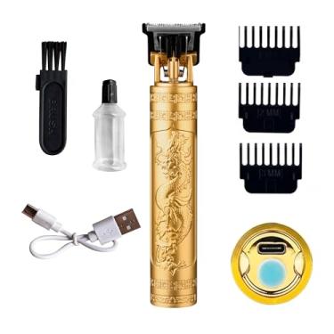 Imagem de Máquina de Acabamento Dragão Recarregável Sem Fio para Cabelo e Barba, Corpo Plástico Dourado, Lâmina T de Aço Inoxidável, Motor Silencioso até 6500 RPM, Kit com 4 Pentes, Cabo USB e Acessórios