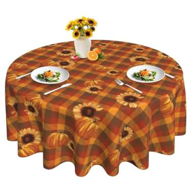 Imagem de Toalha de mesa xadrez de outono redonda 152 cm, abóboras e girassóis, toalha de mesa para decoração de festa de Ação de Graças, cozinha, mesa de jantar