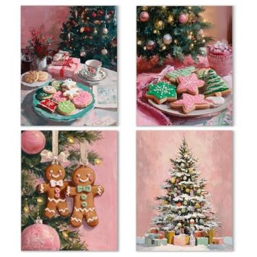 Imagem de Noaleviax Conjunto de pôster de parede de Natal rosa - decoração de parede com tema de árvore de Natal de inverno coquete, fotos de biscoitos de gengibre, arte de parede para quarto, sala de aula