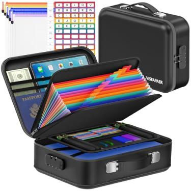 Imagem de VISFAPAER Caixa de documentos à prova de fogo com fechadura, organizador de arquivos rígido à prova d'água com pasta sanfonada de 13 bolsos para documentos importantes, laptop, passaportes, cofre