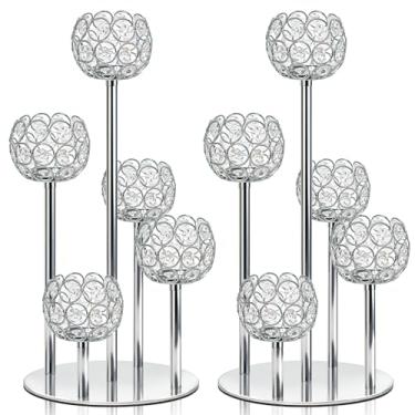 Imagem de Kolnlala Peça central de candelabro de cristal com 5 braços, suporte de vela de metal de 14,8 polegadas para decoração de mesa, casamento, Natal, festa, aniversário e decoração de casa (2, prata, P