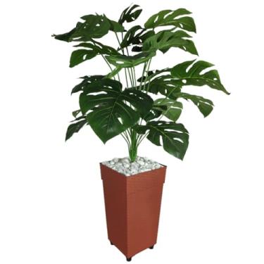 Imagem de Planta Artificial Costela de Adão com Vaso Decorativo Grande em Rattan – Decoração Elegante para Sala ou Casa(Telha)