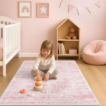 Imagem de KUTA Tapete de 7 x 12 cm, lindo tapete floral para quarto de bebê e criança, rosa, lavável, antiderrapante, macio, estampado, desgastado, para sala de jogos, entrada e sala de estar