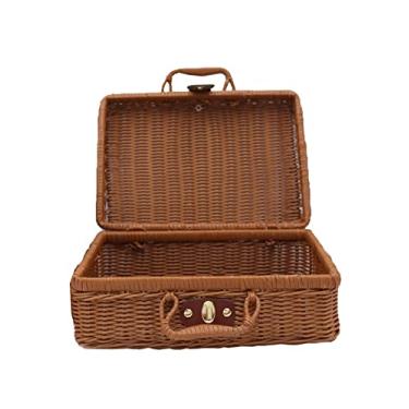 Imagem de Cesta de armazenamento de tecido mala de vime de vime de vime para piquenique, cesto de lavanderia, armazenamento doméstico, cesta de piquenique (cor: 26 x 18 x 12 cm) (22 x 17 x 11 cm)