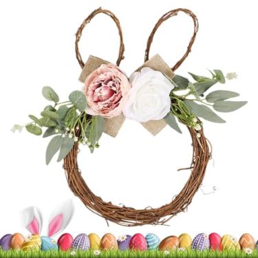 Imagem de Guirlanda de coelhinho da páscoa | Guirlanda de flores de primavera em forma de coelho em forma de coelho de 38 cm, guirlanda de planta de coelho para decoração de festas de parede da porta da frente
