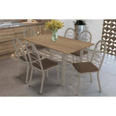 Imagem de Sala De Jantar Completa Elba C/ Tampo De Madeira 160cm E 6 Cadeiras Holanda Niquel/nogueira - Corano Marrom - Kappesberg