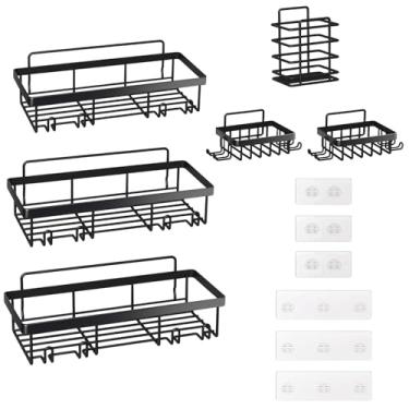 Imagem de BICUMY Rack de chuveiro de aço inoxidável resistente à ferrugem de 6 peças – organizador de banheiro adesivo sem perfuração para banheiro, cozinha e armazenamento doméstico