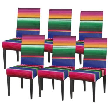 Imagem de hongjinglin Conjunto de 6 capas elásticas para cadeira de sala de jantar, conjunto de 6 capas protetoras de assento de cadeira, listras arco-íris, colorido, removível, lavável, para cozinha, casa