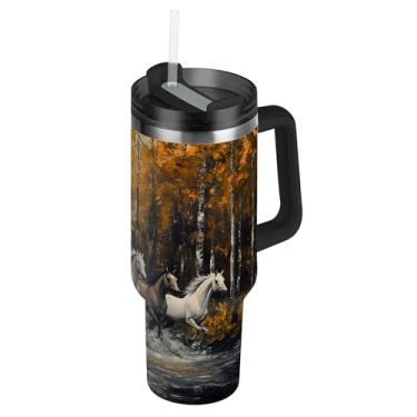 Imagem de SEHANY Copo Majestic Horse 1,134 g com tampa e canudo, aço inoxidável de vácuo duplo isolado garrafa de água esportiva suporte para copo de café de viagem à prova de vazamento para bebida gelada