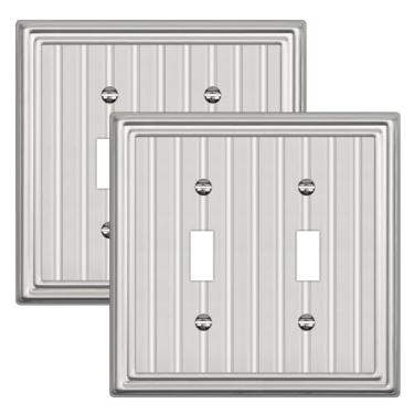 Imagem de Placa de parede de metal para tomadas elétricas, placa decorativa de níquel escovado, capa de interruptor de luz, placas de parede de 2 gangs (botão duplo, pacote com 2)