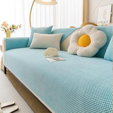 Imagem de HGTRH Capa sofá 3 lugares Cheslong, capa sofá Chaise longo braço direito, tecido de linho lavável cobre sofás 3 e 2 lugares, lavável capas de assento de sofá Blue Pillowcase50 * 30
