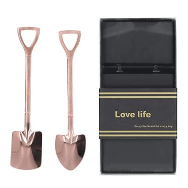 Imagem de Colheres de pá de aço inoxidável, design ergonômico, colheres de sobremesa duráveis ​​para sorvete, bolo, frutas, 2 peças, superfície brilhante (Conjunto Ouro Rosa [Caixa Preta])