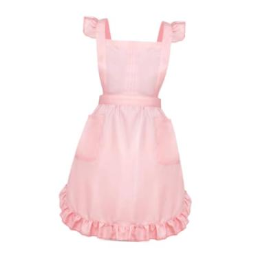 Imagem de Ｂｅｓｇａ retrô com babados, ideal para fantasia de empregada doméstica, restaurante ou cozinha, com bolsos frontais, perfeito para meninas e mulheres, Rosa