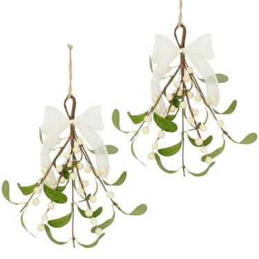 Imagem de 2 peças de decoração de Natal com palheta de visco artificial, decoração de visco com frutas vermelhas e laço de fita branca bola de beijo falsa para decoração de árvore de Natal de inverno (2, branco