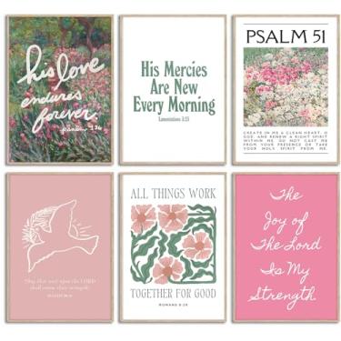 Imagem de 6 peças arte de parede cristã rosa versículo bíblico pôsteres arte floral salmos pintura quadros decoração de parede para sala de estar meninas sala de oração decoração de casa 20 x 25 cm sem moldura
