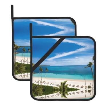 Imagem de Conjunto de tapetes quadrados resistentes ao calor para praia e palmeira, 2 peças antiderrapantes com alças para pendurar, para balcão de cozinha e proteção de mesa de jantar.