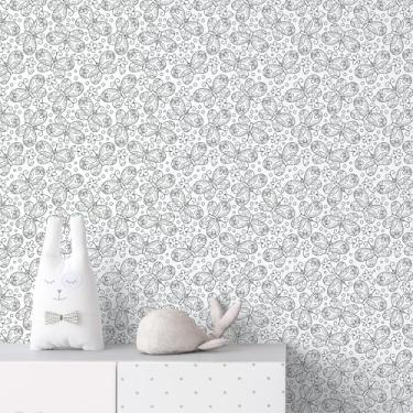 Imagem de FANCYEASY Papel de parede preto e branco de 30,5 x 254 cm, papel de contato com flores de borboleta, papel de parede autoadesivo removível para quarto, revestimento à prova d'água, rolo de vinil para
