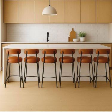 Imagem de Banqueta Cozinha Média Com Encosto Industrial Preto Kit 6 Londres Pu D03 - D`rossi Nozes