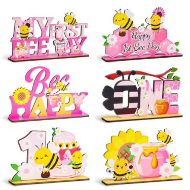 Imagem de 6pcs Happy 1st Bee Day Wooden Table Centerpieces for First Birthday Party Decorations Pink Bumble Bee Party Table Centerpieces for Girl My 1st Bee Day Baby Shower One Birthday Table Sign Decors
