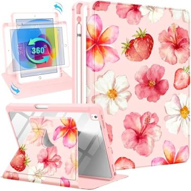 Imagem de Uppuppy Capa para iPad 9ª/8ª/7ª geração para iPad Air 3ª/Pro 10,5 polegadas – Capa inteligente com suporte giratório 360 com suporte para lápis para mulheres e meninas, hibisco para tablet Apple 7/8/9
