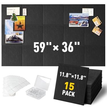 Imagem de MAXECHO Quadro grande de cortiça para parede 150 cm × 91 cm, quadro de avisos preto, pacote com 15 azulejos de parede de feltro com pinos para quadro de cortiça de escritório, placa de feltro