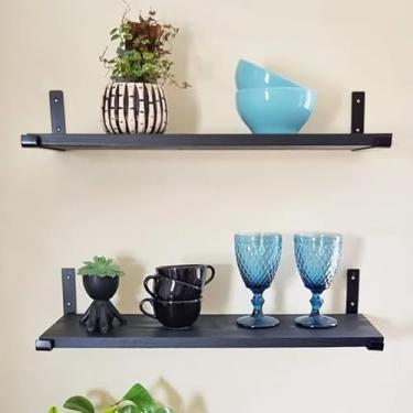 Imagem de Kit 4 Prateleiras Industriais de Madeira Pinus com Mão Francesa Invertida – Nicho Decorativo Rústico para Cozinha Sala e Banheiro (Preta,4 PLATELEIRAS)