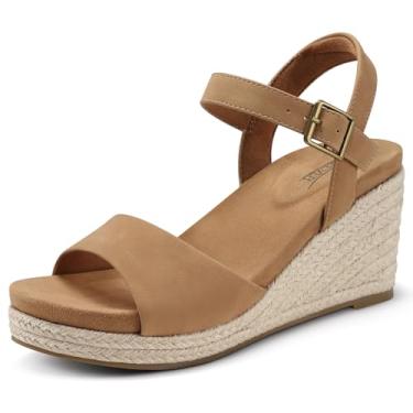 Imagem de SHIBEVER Sandálias femininas plataforma plataforma: espadrille elegante confortável verão dedo aberto tira no tornozelo fivela feminina sandália, Caqui, 34