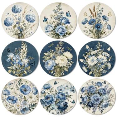 Imagem de ANATTASOUL Conjunto de 9 porta-copos de madeira com padrão floral azul retrô colorido presente de inauguração de casa redonda para casa nova, proteção de mesa de centro decorativa de 9,9 cm para