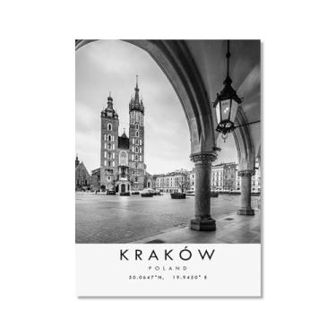 Imagem de Pôster de viagem preto e branco impressão paisagem da cidade do mundo pintura em tela Krakow pôster arte de parede decoração de casa (16 x 24 polegadas (40 x 60 cm), sem moldura)