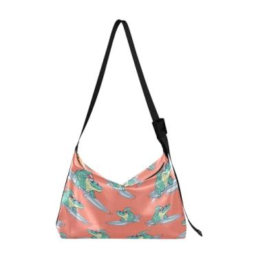 Imagem de Bolsa feminina bege fofa de couro sintético macio Hobo bolsa grande de couro com estampa animal colorida, Crocodilo surfe rosa