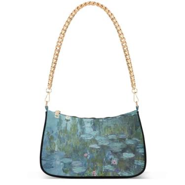 Imagem de Bolsa feminina lavanda campo estrelas lua noite Hobo elegante bolsa feminina designer inspirar bolsas de ombro, Pintura de lírios de água Claude Monet