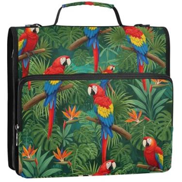 Imagem de Fichário com 3 anéis Tropical Parrots Jungle Green 3 cm D fichário organizador com zíper com alça de ombro para portfólio de documentos escolares e suporte de pasta de anéis, 34,5 x 31,5 x 9 cm