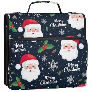 Imagem de Fichário de Papai Noel alegre com 3 anéis de 3,8 cm D fichário organizador com zíper com alça de ombro para impressão escolar, vários bolsos, pasta grande para portfólio, 34,5 x 31,5 x 9 cm