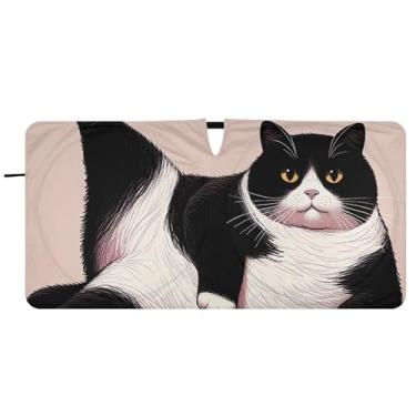 Imagem de Persiana de sol personalizada de gato preto e branco preguiçoso para para-brisa de carro acessórios dobráveis para janelas para-brisa frontal, 76 cm x 149 cm