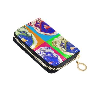 Imagem de Porta-cartões de crédito com bloqueio de RFID, carteira feminina de couro pequena com zíper, carteira de viagem com chaveiro, cachorro pug, engraçado, animal