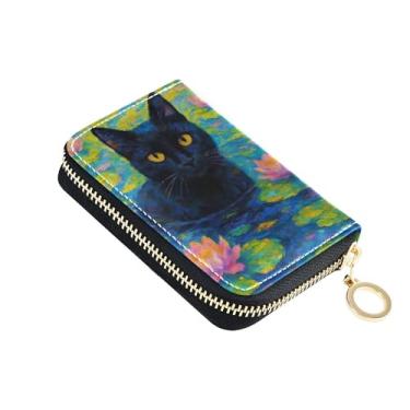 Imagem de Carteiras de cartão de crédito com bloqueio de RFID, carteira feminina pequena de couro com zíper, porta-chaves, gato preto, lírio d'água colorido